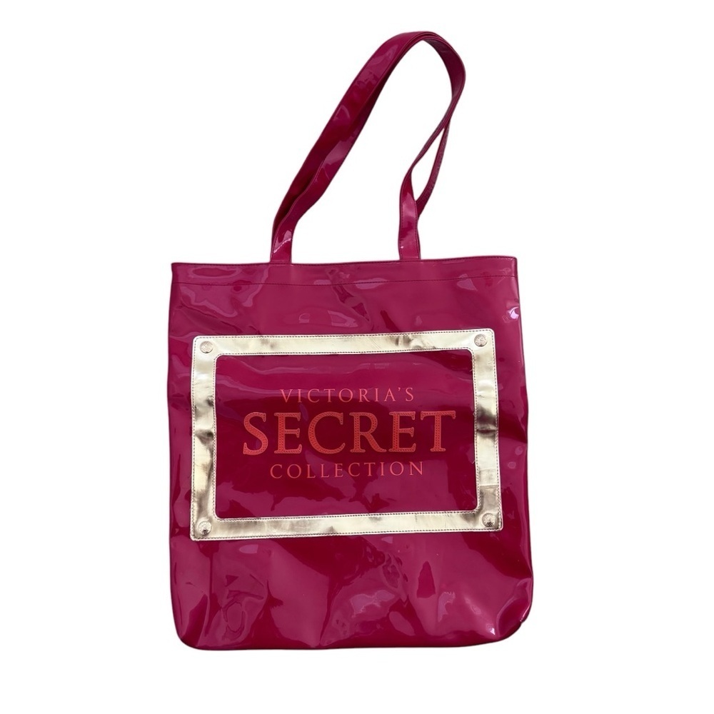 Victoria Secrets Vinyl Tote Bag Hot Pink w/Gold Trim Animal Print Lining